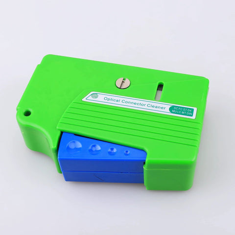 Green fiber-optic connector cleaner kit with blue block, 4-in-1 tool for FC/SC/ST/LC connectors