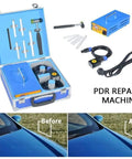 Pro Grade High Power 1380W Auto Body Paintless Dent Removal Kit With Induction Heater Hot Box For Cars PDR Dent Puller Tools Digital Display With Power And Time 110V Magnetic Induction Repair System For Dents displayed open with tools next to a before and after image of car dents.