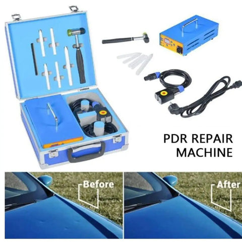 Pro Grade High Power 1380W Auto Body Paintless Dent Removal Kit With Induction Heater Hot Box For Cars PDR Dent Puller Tools Digital Display With Power And Time 110V Magnetic Induction Repair System For Dents displayed open with tools next to a before and after image of car dents.