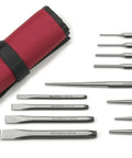 12 Piece Punch And Chisel Chrome Set For Pros And DIYers, chrome finish with chisels and punches, tool roll included for storage.