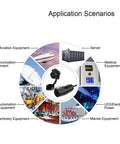 Diagram of application scenarios for 2 Pin M12 Waterproof Panel Mount Connector DC 12V, including aviation and medical equipment.