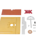 Rock Solid Trimming Router Lift Plate With Sweet Engraved Scale Built Like A Tank Anodized Aluminum parts layout including scale and accessories.