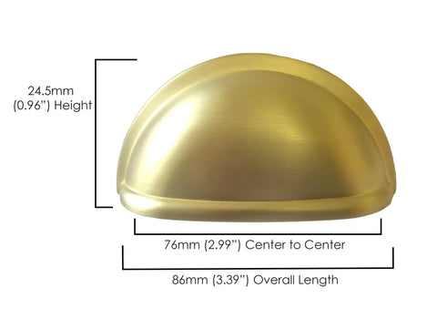 Matte Gold Three Inch 25 Pack Cabinet Pulls Slick Modern Farmhouse Cup Pulls For Kitchen Cabinets And Bathroom Drawers Solid Zinc Durable Kitchen Cabinet Hardware Easy Install Center To Center shown with dimensions