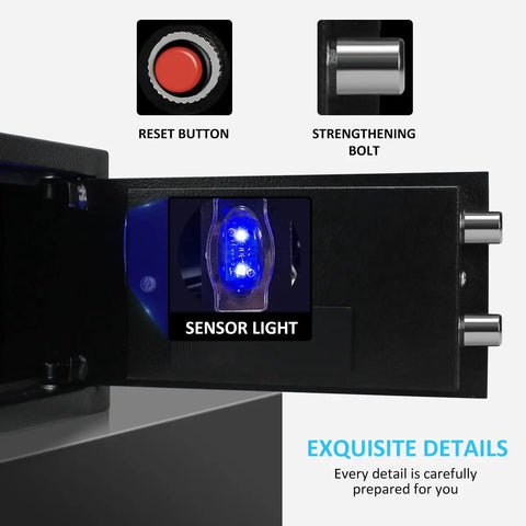 Hidden Safe Box With Sensor Light And Digital Lock No Fuss Quick-Access Safe For Home And Office Wall Or Cabinet Mounted 0.4 Cubic Feet Discreet And Secure showing open door, interior sensor light, and control buttons.