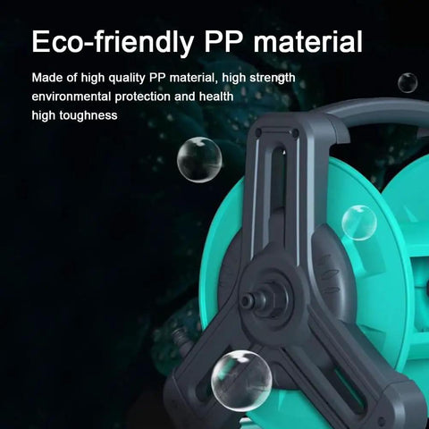 Pretty Slick Portable Garden Hose Reel With High Pressure Water Gun, No Tangle Wall Mount Storage Rack side view showing eco-friendly PP material.