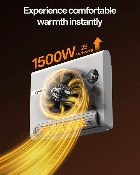 Wall Mounted Space Heater For Bedroom Or Office, 1500W PTC Fast Heating, 30 Degree Oscillation shown with warm airflow