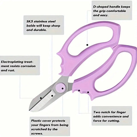 Purple Stainless Steel Pruning Shears For Garden Work Ergonomic Handles Lightweight Manual Scissors with labeled features