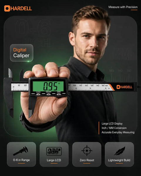 Rechargeable Digital Caliper With USB Charging, 6 Inch Plastic Calipers, Green Screen Display, Go Cordless Fast, No Battery Hassle, Quick 2 Minute Charge Powers A Full 20 Minute Measurement For Months, man holding digital caliper