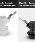 Two Pack Ball Lock Keg Disconnects With MFL Swivel Nuts For Quick No Fuss Beer Keg Connections In Your Home Brew Setup Sankey Compatible Durable Bar Grade Ball Lock Fittings gas in 5/16in, liquid out 1/4in barbed fittings