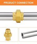 Brass Union 1/2 Npt Male To 1/2 Npt Male Pipe Fitting for Easy Pipe Connections shown with pipes in connection setup.