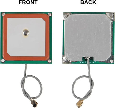 Front and back view of Neo 6M GPS Module Twin Pack With 3 To 5 Volt Power And Large Ceramic Antenna for flight controllers.