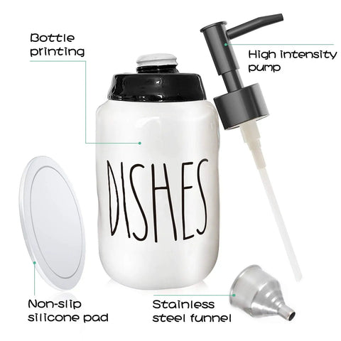 Farmhouse Ceramic Soap Dispenser With White Glaze, Bold Black Pump And Lettering, 14oz, Perfect For Kitchen Counter Or Sink, Bathroom Decor, Smudge Resistant Porcelain Build Stays Clean And Stylish displaying bottle printing, high intensity pump, non-slip silicone pad, stainless steel funnel.