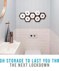 Bathroom with Honeycomb Floating Toilet Paper Holder and Wall Mounted Shelf in Dark Brown Paulownia Wood over toilet