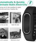 Anti Static Wrist Strap With Red Light Indicator For Esd Protection, black unisex wristband shown with examples of static removal usage.