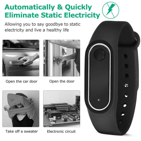 Anti Static Wrist Strap With Red Light Indicator For Esd Protection, black unisex wristband shown with examples of static removal usage.
