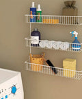 Top Shelf 3 Tier Wall Mounted Metal Rack For Kitchen Pantry Organization Keeps Your Space Slick With Rock Solid Storage For Cans Cleaners And Toiletries In A Clean White Build with cleaning supplies and toiletries.