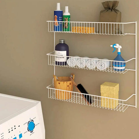 Top Shelf 3 Tier Wall Mounted Metal Rack For Kitchen Pantry Organization Keeps Your Space Slick With Rock Solid Storage For Cans Cleaners And Toiletries In A Clean White Build with cleaning supplies and toiletries.
