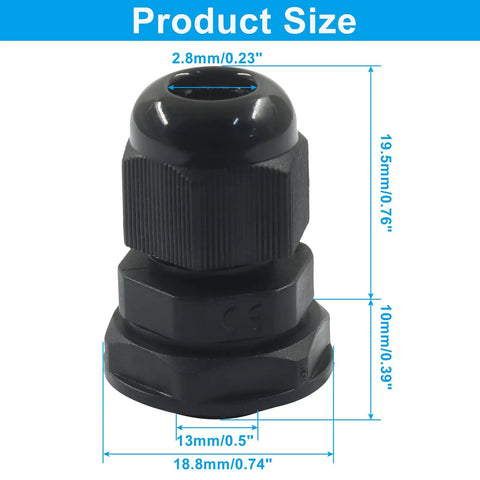 20 Pack Nylon Cable Glands IP68 One Quarter Inch NPT Adjustable Pass Through Cord Grip Gland Connectors Black Size Diagram