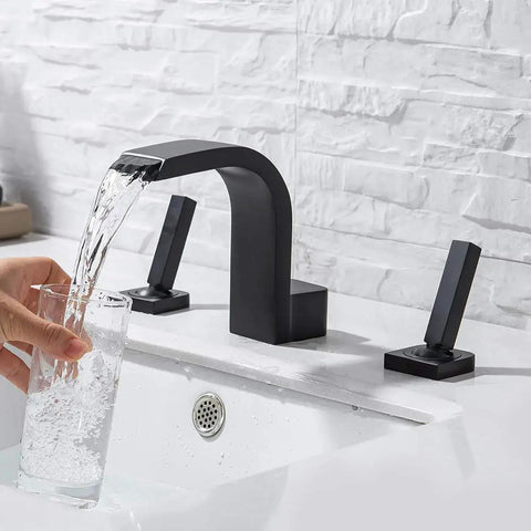 8 Inch Waterfall Bathroom Faucet For Sink, Widespread 3 Hole Lavatory Tap With High Arc Basin Mixer, Matte Black Sleek