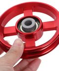 Close-up of a red Two Pack Aluminum Gym Pulley Wheels Replacement For Home Gym Systems With Smooth Operation And Sturdy Construction.