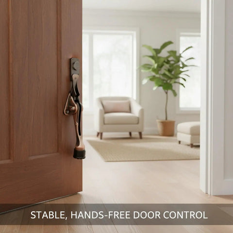 Foot Activated Door Stop With Weighted Zinc Alloy Base for hands free entry fits standard interior doors in living room setting.