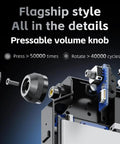 Exploded view of Bluetooth 5.4 USB DAC Amp's pressable volume knob, showcasing durability and flagship style, black color.