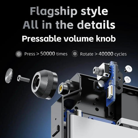 Exploded view of Bluetooth 5.4 USB DAC Amp's pressable volume knob, showcasing durability and flagship style, black color.