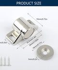 Heavy Duty 4 Pack Zinc Alloy Door Stoppers With Strong Magnets Smooth Quiet Cabinet Catches For Cupboard Holders Easy Install Screw Kit showing size measurements and screws.