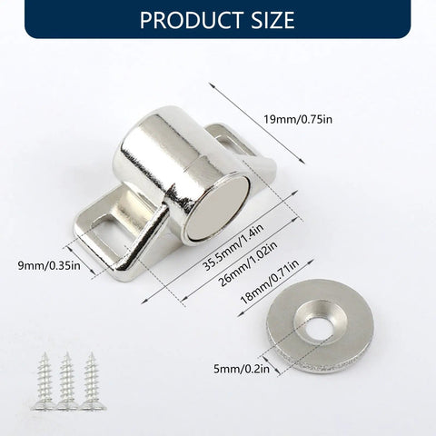 Heavy Duty 4 Pack Zinc Alloy Door Stoppers With Strong Magnets Smooth Quiet Cabinet Catches For Cupboard Holders Easy Install Screw Kit showing size measurements and screws.