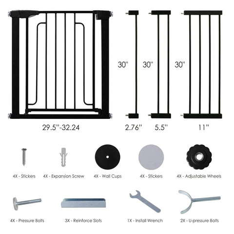 Wide Range Baby And Pet Safety Gate For Doorways And Stairs With 29.5 To 51.5 Inch Width, Includes 3 Pack Extension Kit and parts