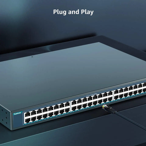 Beefy 48-Port Gigabit PoE Plus Unmanaged Switch with 2 SFP Uplinks 800W Budget metal case, shown with connected cable.