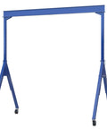 Heavy Duty Welded Steel Adjustable Gantry Crane Built Like A Tank With Phenolic Swivel Casters And Four Way Locks For Smooth Warehouse Moves Rated Tough At 8000 Lbs Spanning 15x12 Feet In Solid Blue with a flat view.