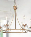 Round Modern Gold Chandelier With Crystal Pendants, 29.5 Inch Wagon Wheel Frame, Romantic Dining Room Lighting, candle tubes