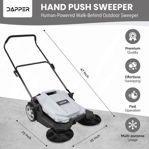 Heavy Duty Manual Push Sweeper For Driveways Patios And Garages Featuring 25.5 Inch Sweep Width And 5.25 Gallon Hopper on concrete surface.