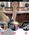 Clear 6 Pack Stove Gas Knob Covers For Kids Safety, Hassle Free Adhesive Install, child reaching for kitchen knobs