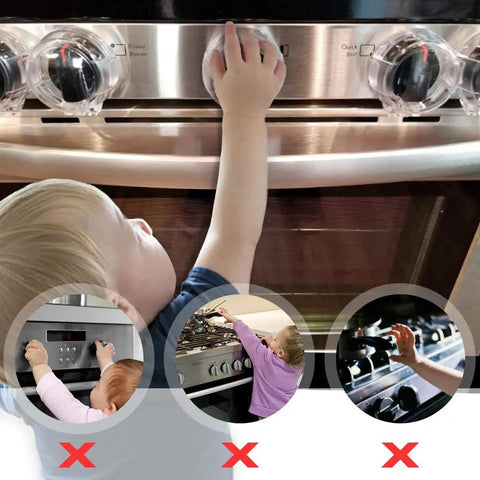 Clear 6 Pack Stove Gas Knob Covers For Kids Safety, Hassle Free Adhesive Install, child reaching for kitchen knobs