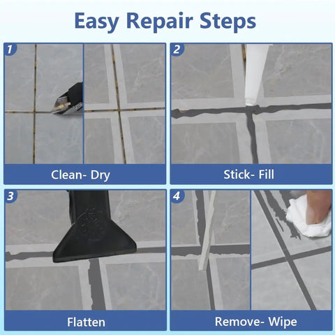 Tile Grout Repair Kit With Fast Drying Grout Filler And Silicone Trowel Scraper, Waterproof Grout Paint For Bathroom, Shower, Kitchen And Floor Tiles, Gray 17.64 Oz, DIY Friendly Refill And Renewal steps diagram.