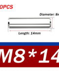 Rock Solid 304 Stainless Steel Dowel Pins 10 Pack Dead Nuts Precision Alignment Hardware For Woodworking Machine Shops And Mechanical Assembly Heavy Duty Tooling 8 X 14 Millimeter Tight Fit Guaranteed. 10 pieces of 8x14mm dowel pins shown.