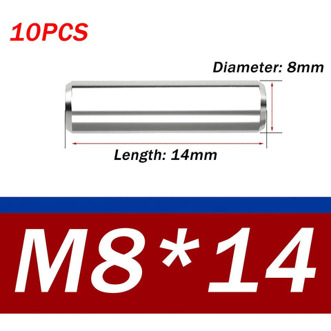 Rock Solid 304 Stainless Steel Dowel Pins 10 Pack Dead Nuts Precision Alignment Hardware For Woodworking Machine Shops And Mechanical Assembly Heavy Duty Tooling 8 X 14 Millimeter Tight Fit Guaranteed. 10 pieces of 8x14mm dowel pins shown.