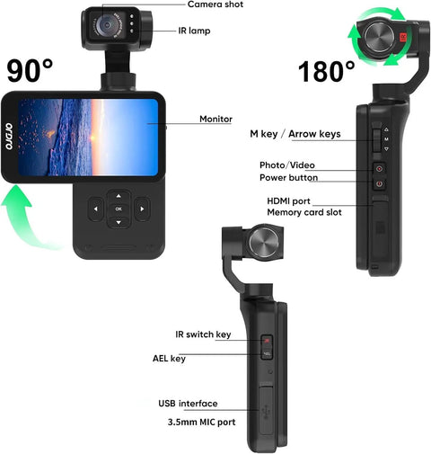 Handheld Gimbal Camcorder with 3-Axis Stabilization, 3.5 Inch Rotating Touch Screen, Face Tracking, Wide Angle, Long Battery Life, 4K 60FPS Video Camera for Vlogging and Travel, Keepin It Smooth Footage in Any Setting showing design and features