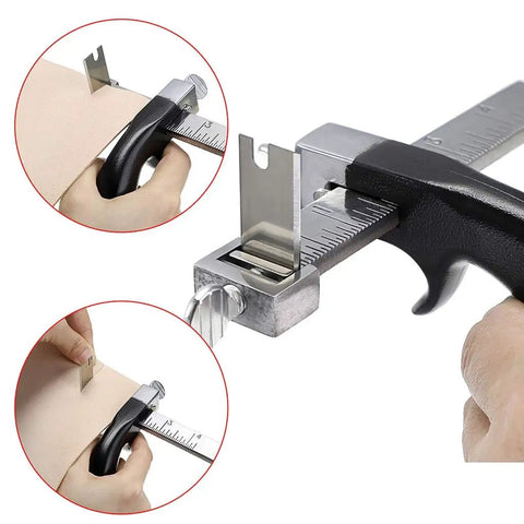 Leather Strap Cutter With Aluminum Handle And Stainless Steel Gauge Ruler, 4 Inch Scale Leather Craft Tool in use
