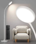 White Floor Lamp With Super Bright Dimmable LED For Living Room, adjustable gooseneck, remote control beside chair