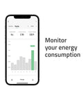 Slick Black Smart Power Strip With WiFi App Control, Heavy Duty Surge Protector, Built In USB Charging Ports energy monitoring app on smartphone.