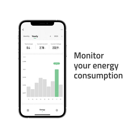 Slick Black Smart Power Strip With WiFi App Control, Heavy Duty Surge Protector, Built In USB Charging Ports energy monitoring app on smartphone.