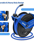 Heavy Duty Auto Retractable Air Hose Reel 3/8X75Ft Hybrid Build With 300Psi Max Pressure And Slick Self Rewind Action For No Sweat Shop Setup And Badass Garage Performance shown with blue hose and solid brass fittings.