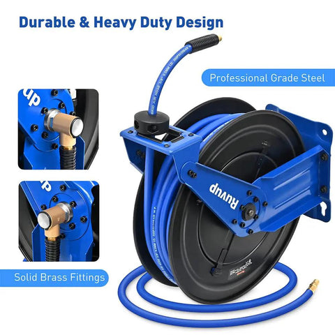 Heavy Duty Auto Retractable Air Hose Reel 3/8X75Ft Hybrid Build With 300Psi Max Pressure And Slick Self Rewind Action For No Sweat Shop Setup And Badass Garage Performance shown with blue hose and solid brass fittings.