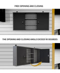 Rugged Metal Wall Cabinet With Two Lockable Doors For Garage Tool Storage In Black And Grey Pegboard Interior And Detachable Shelves Wall Mounted Tool Organizer For Home Garage, shown open and closed