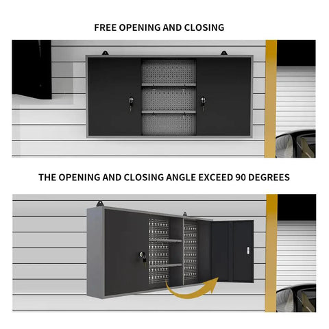 Rugged Metal Wall Cabinet With Two Lockable Doors For Garage Tool Storage In Black And Grey Pegboard Interior And Detachable Shelves Wall Mounted Tool Organizer For Home Garage, shown open and closed