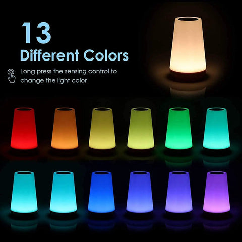 Touch Lamp With 5 Level Dimmable Warm White Light And 13 Color Changing RGB Multicolor Nightstand Light For Bedroom Kids Room Living Room And Office Easy Tap Control For Cozy Mood Lighting And Vibe displaying 13 different colors
