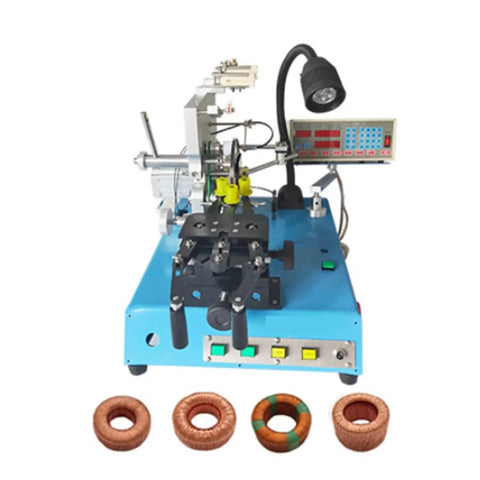 Heavy Duty Belt Type Ring Winder for Toroidal Transformers and Inductance Coils, blue industrial machine with copper wire rings
